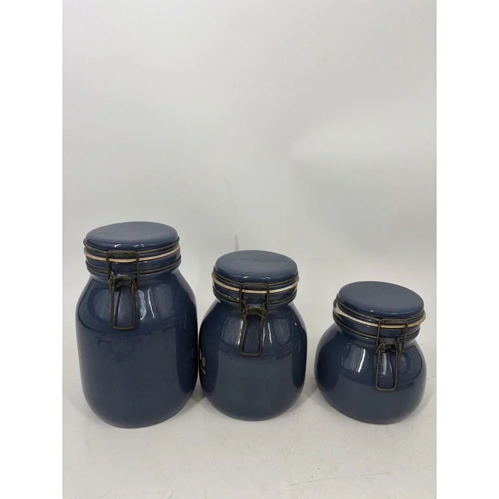 Vintage Stoneware Canister Set 3 Navy Blue Folk Art Bird Heart Clamp Lid